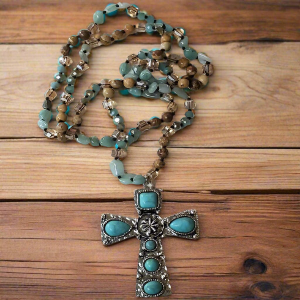 Turquoise Beaded Cross Necklace