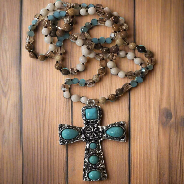 Beaded Necklace with Turquoise Cross Pendant