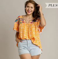 Animal Print Top with Flower Embroidery and Pom Pom Fringe