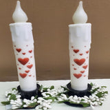 2 Primitive Battery Operated Wax-dipped Taper LED Candles Hearts 7" w Timer