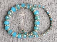 2 pc Blue Rhinestone Cross Stretch Bracelet Set