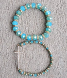 2 pc Blue Rhinestone Cross Stretch Bracelet Set