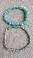 2 pc Blue Rhinestone Cross Stretch Bracelet Set