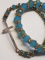 2 pc Blue Rhinestone Cross Stretch Bracelet Set