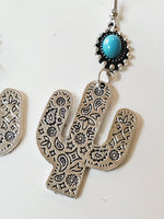 Turquoise and Embossed Cactus Dangle Earrings