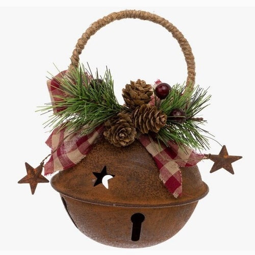 Large Rusty Tin Christmas Bell Door Knob Hanger Burgundy Bow & Pinecones