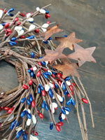 8" Country Primitive Americana Mix Pip & Twig Wreath w Rusty Tin Stars