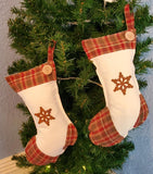 Set of 2 Rustic Country Primitive Christmas Stockings with Rusty Tin & Button