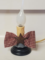 Small 3" Country Primitive Electric Candle Lamp Tin Star Burgundy Homespun Bow