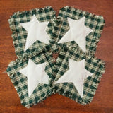 4 Primitive Green Plaid Homespun Rag Coasters w Muslin Star