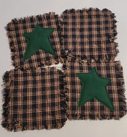 4  Black Plaid Homespun w Green Star Rag Coasters