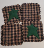 4  Black Plaid Homespun w Green Star Rag Coasters