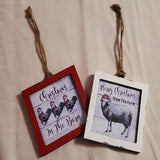 2 Framed Farmhouse Christmas Ornaments Sheep and Rooster