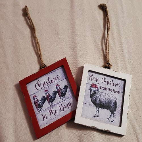 2 Framed Farmhouse Christmas Ornaments Sheep and Rooster