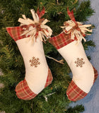 Set of 2 Rustic Country Primitive Christmas Stockings with Rag Bow & Rusty Tin