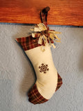 Set of 2 Rustic Country Primitive Christmas Stockings with Rag Bow & Rusty Tin