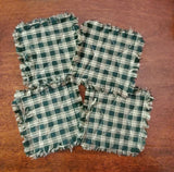 4 Primitive Green Plaid Homespun Rag Coasters w Muslin Star