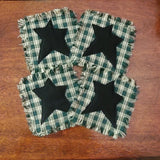 4 Primitive Green Plaid Homespun Rag Coasters w Black Star