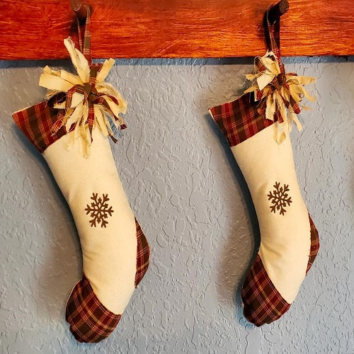Set of 2 Rustic Country Primitive Christmas Stockings with Rag Bow & Rusty Tin