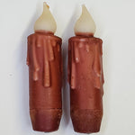 2 Primitive Battery Operated Wax-dipped Taper LED Candles Burgundy 4" w Timer
