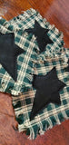 4 Primitive Green Plaid Homespun Rag Coasters w Black Star