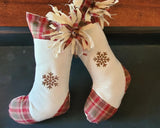 Set of 2 Rustic Country Primitive Christmas Stockings with Rag Bow & Rusty Tin