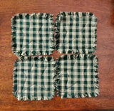 4 Primitive Green Plaid Homespun Rag Coasters w Black Star