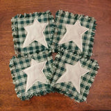 4 Primitive Green Plaid Homespun Rag Coasters w Tea Stained Muslin Star