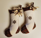 Set of 2 Rustic Country Primitive Christmas Stockings with Rag Bow & Rusty Tin