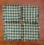 4 Primitive Green Plaid Homespun Rag Coasters w Tea Stained Muslin Star