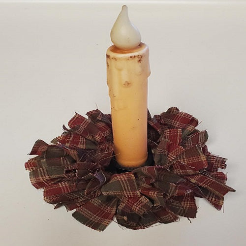 Country Primitive Christmas Plaid Homespun Rag Wreath Taper Candle Ring