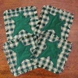 4 Primitive Green Plaid Homespun Rag Coasters w Green Star