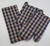 Blue Window Pane Check Pot Holder Oven Mitt Hand Towel Set