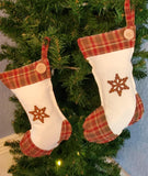 Set of 2 Rustic Country Primitive Christmas Stockings with Rusty Tin & Button