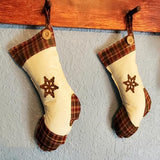 Set of 2 Rustic Country Primitive Christmas Stockings with Rusty Tin & Button