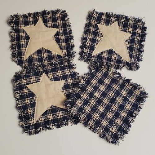 4  Navy Blue Homespun Star Rag Coasters
