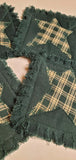 4 Primitive Green Homespun w Plaid Star Rag Coasters