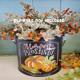 Country Primitive Harvest Blessings Metal Bucket with Handle Fall Thanksgiving