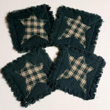 4 Primitive Green Homespun w Plaid Star Rag Coasters