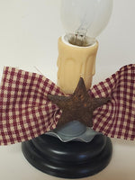 Small 3" Country Primitive Electric Candle Lamp Tin Star Burgundy Homespun Bow