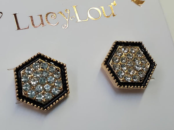 Hexagon Rhinestone Stud Post Earrings Silver or Gold