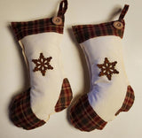 Set of 2 Rustic Country Primitive Christmas Stockings with Rusty Tin & Button