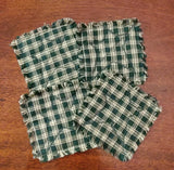 4 Primitive Green Plaid Homespun Rag Coasters w Green Star