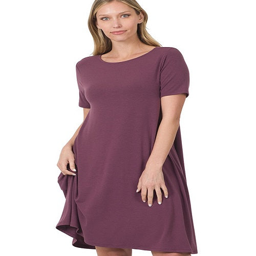 Short Sleeve Flared Dress with Pockets -Eggplant - BJS Country Charm