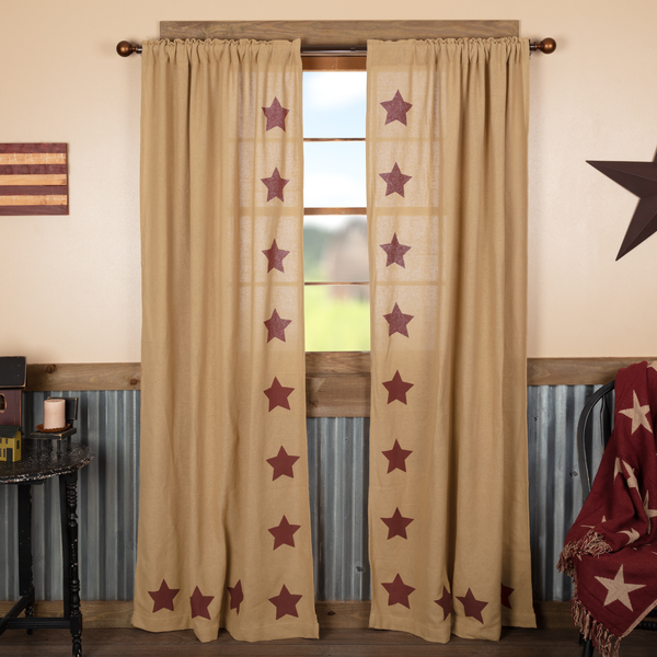 Primitive Burlap with Burgundy Stencil Stars Country Curtain Panels - BJS Country Charm