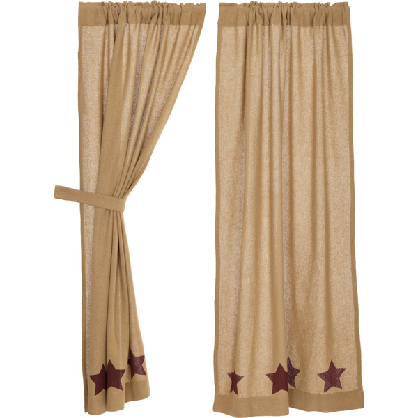 Primitive Burlap with Burgundy Stencil Stars Country Curtain Panels - BJS Country Charm