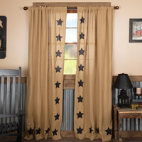Country Primitive Burlap with Black Stencil Stars Curtain Panels - BJS Country Charm