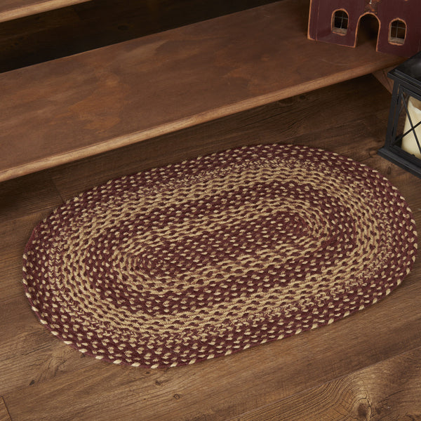 Country Primitive Burgundy & Tan Braided Jute Rug 20x30 Oval - BJS Country Charm