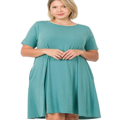 Short Sleeve Flared Dress with Pockets -Dusty Teal