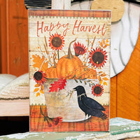 Country Primitive Happy Harvest Crow Pumpkin Block Shelf Sitter
